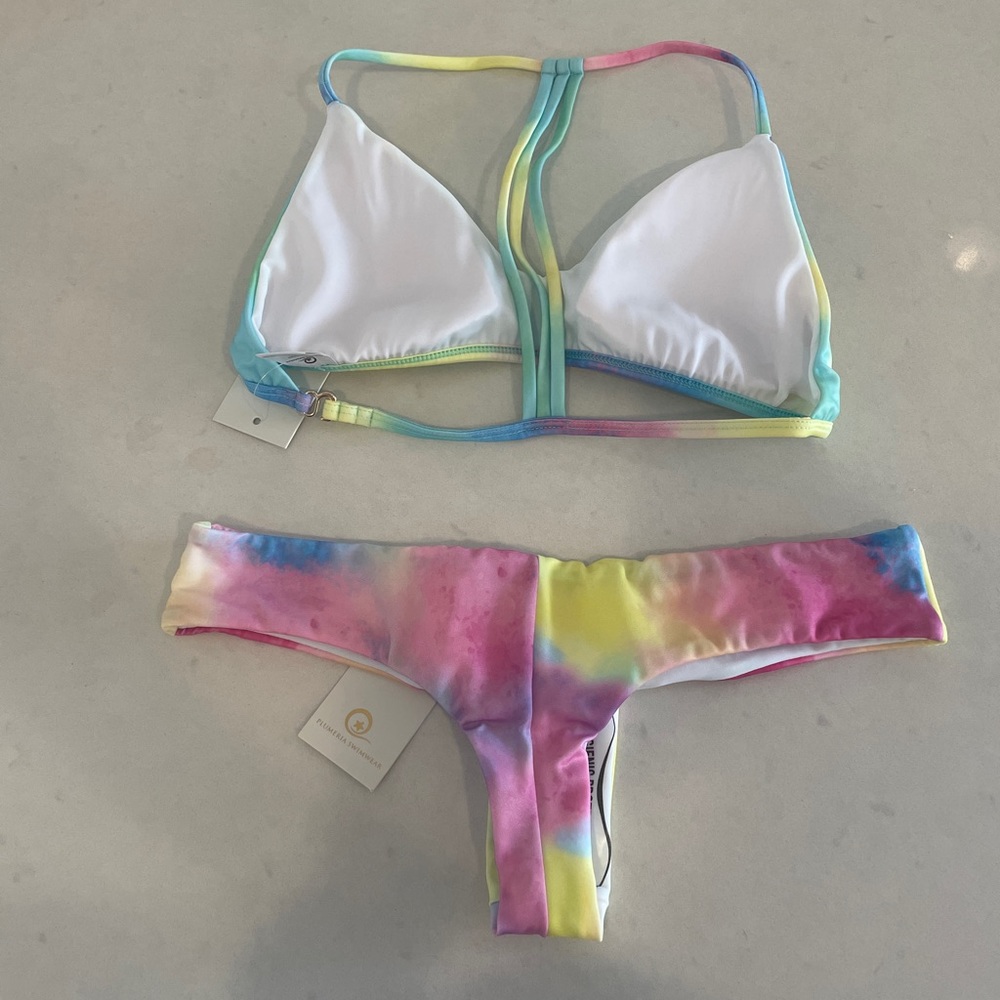 Plumeria Rainbow Tie-Dye Bikini Set Triangle Top & Cheeky Bottoms NWT M & L - Picture 3 of 7